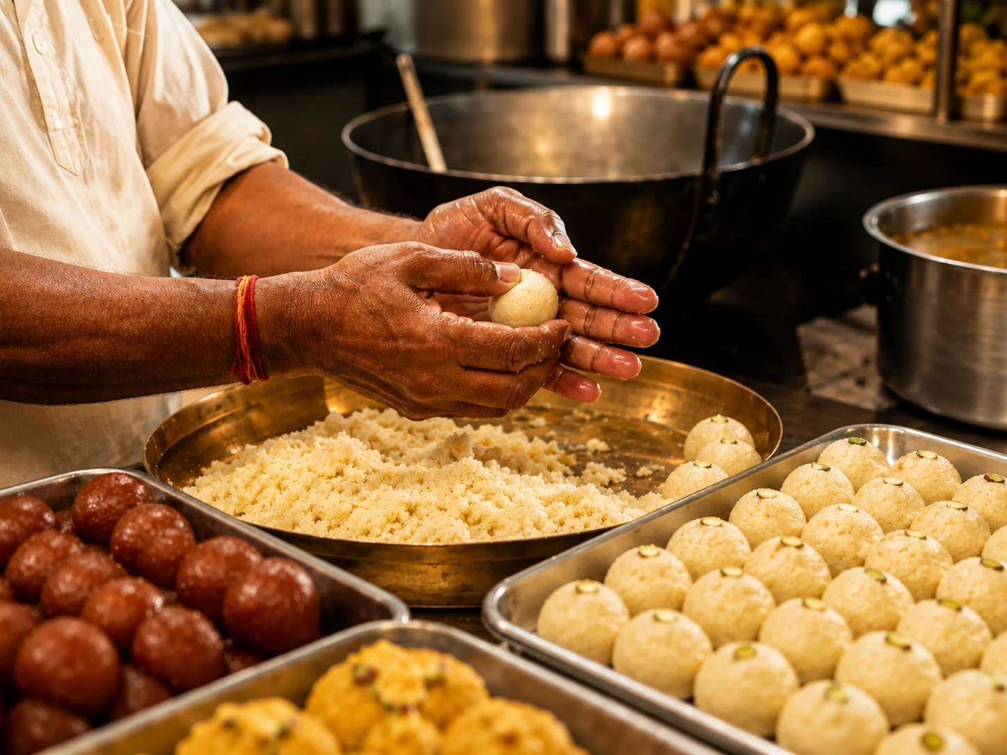 Traditional sweet preparation — hands carefully crafting mithai in our kitchen